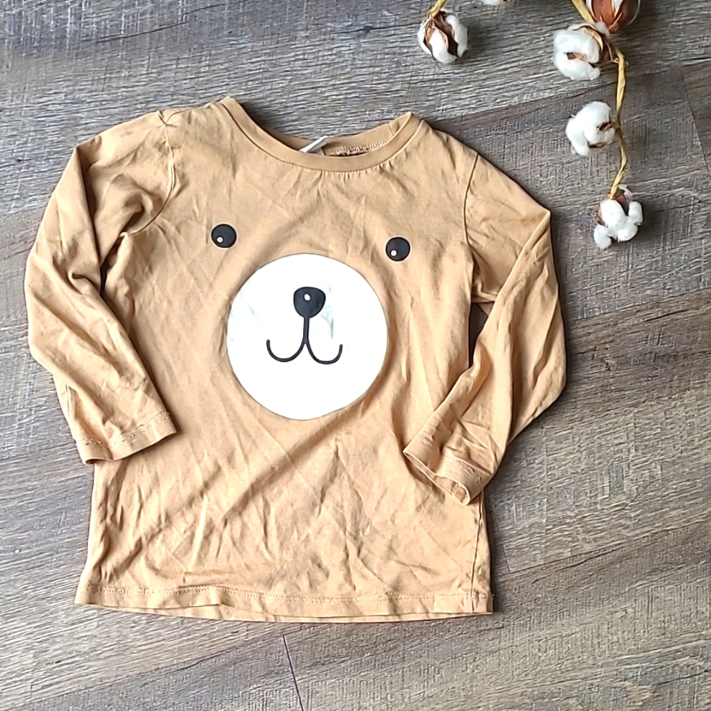 🟢H&M Kids Bear Face Long Sleeve Shirt - Brown 3T